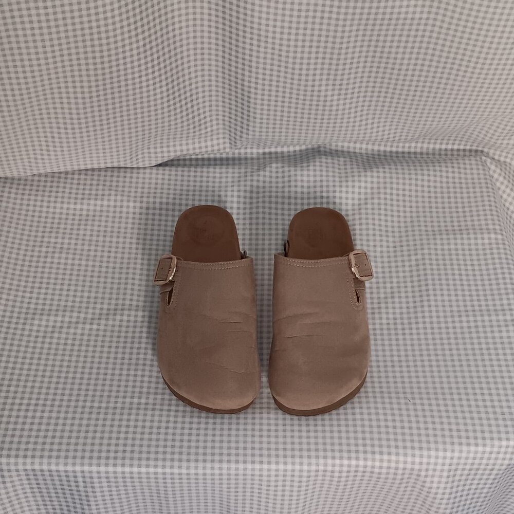 Time and Tru Women's Faux Suede Gold Buckle Clogs Slip On Sand Women's Size 7